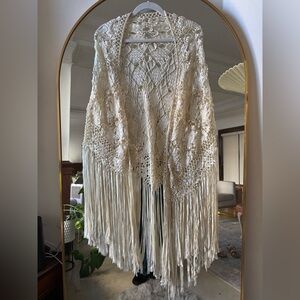 Elegant Cream hand crocheted Shaw with dramatic tassels